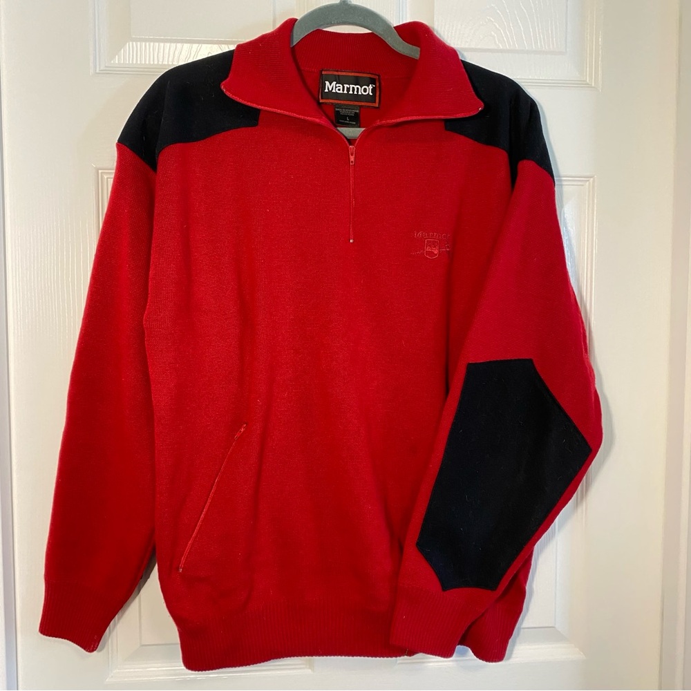 Marmot 90's Neptune 100% Wool Sweater 1/4 Zip Suede Patches Red and Black Size L